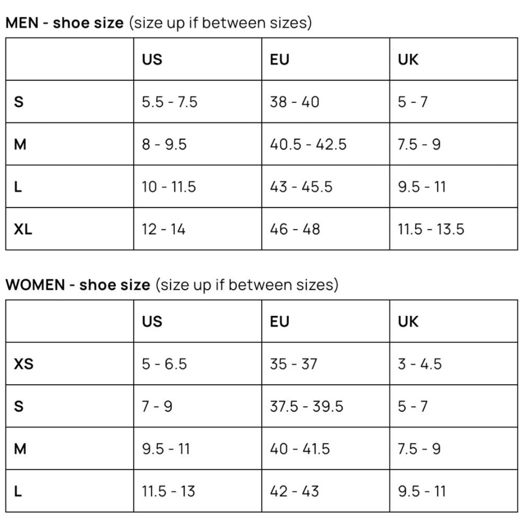 Ankle Recovery Sock Size Chart